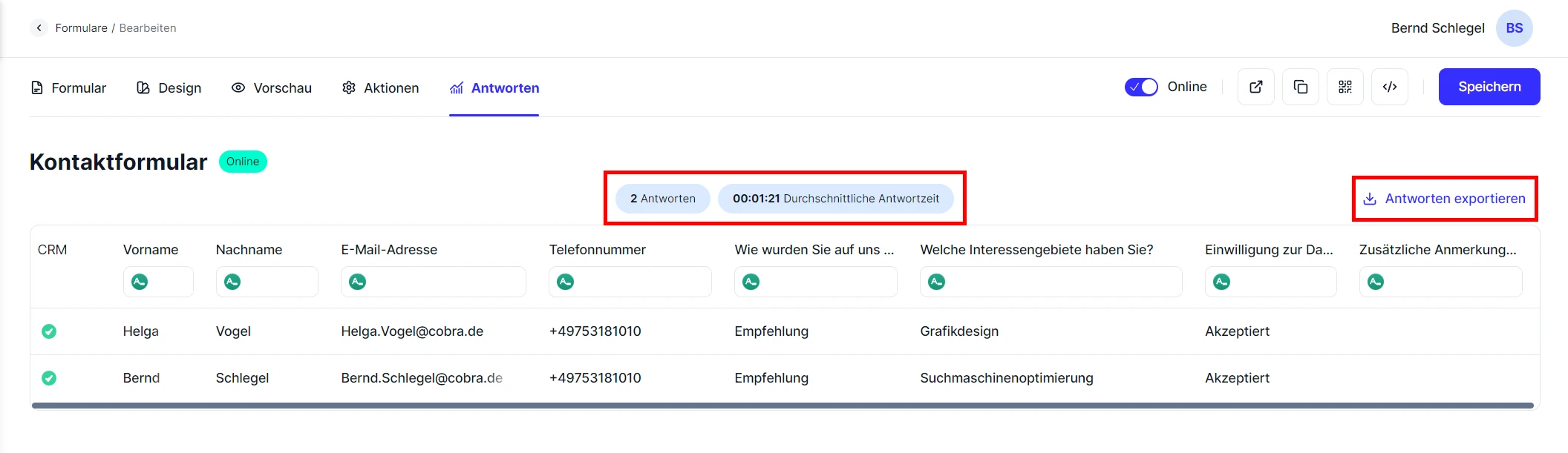 Forms Antworten Uebersicht Zeit