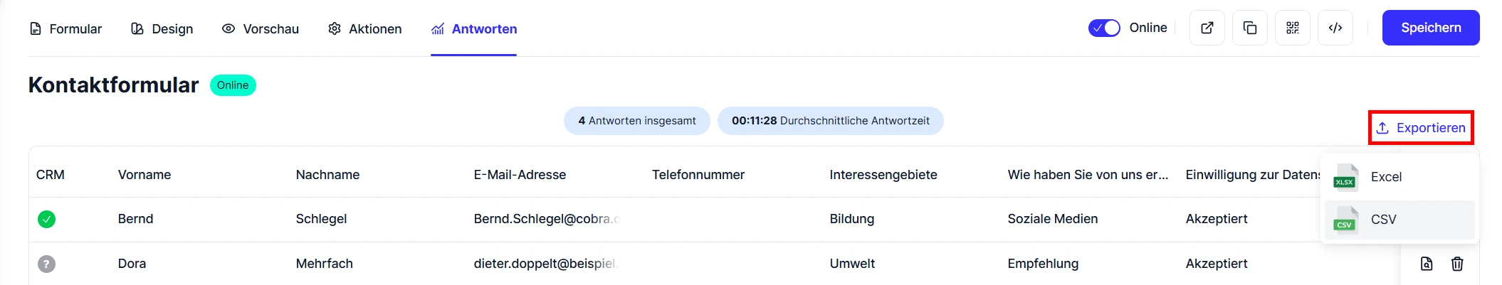 Forms Antworten Uebersicht Export CSV Excel