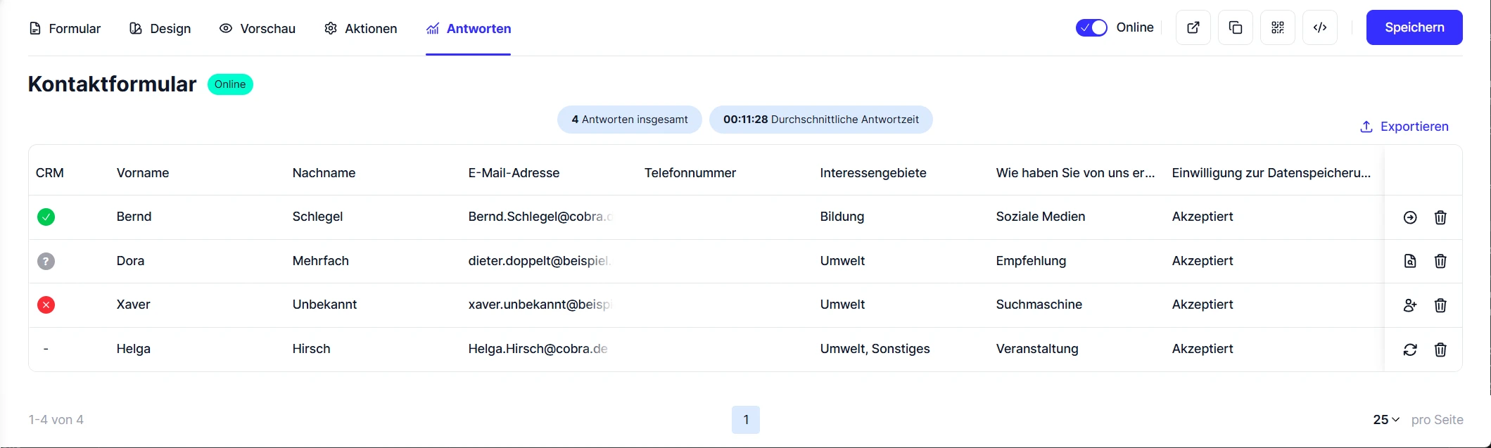 Forms Antworten Uebersicht CRM Status