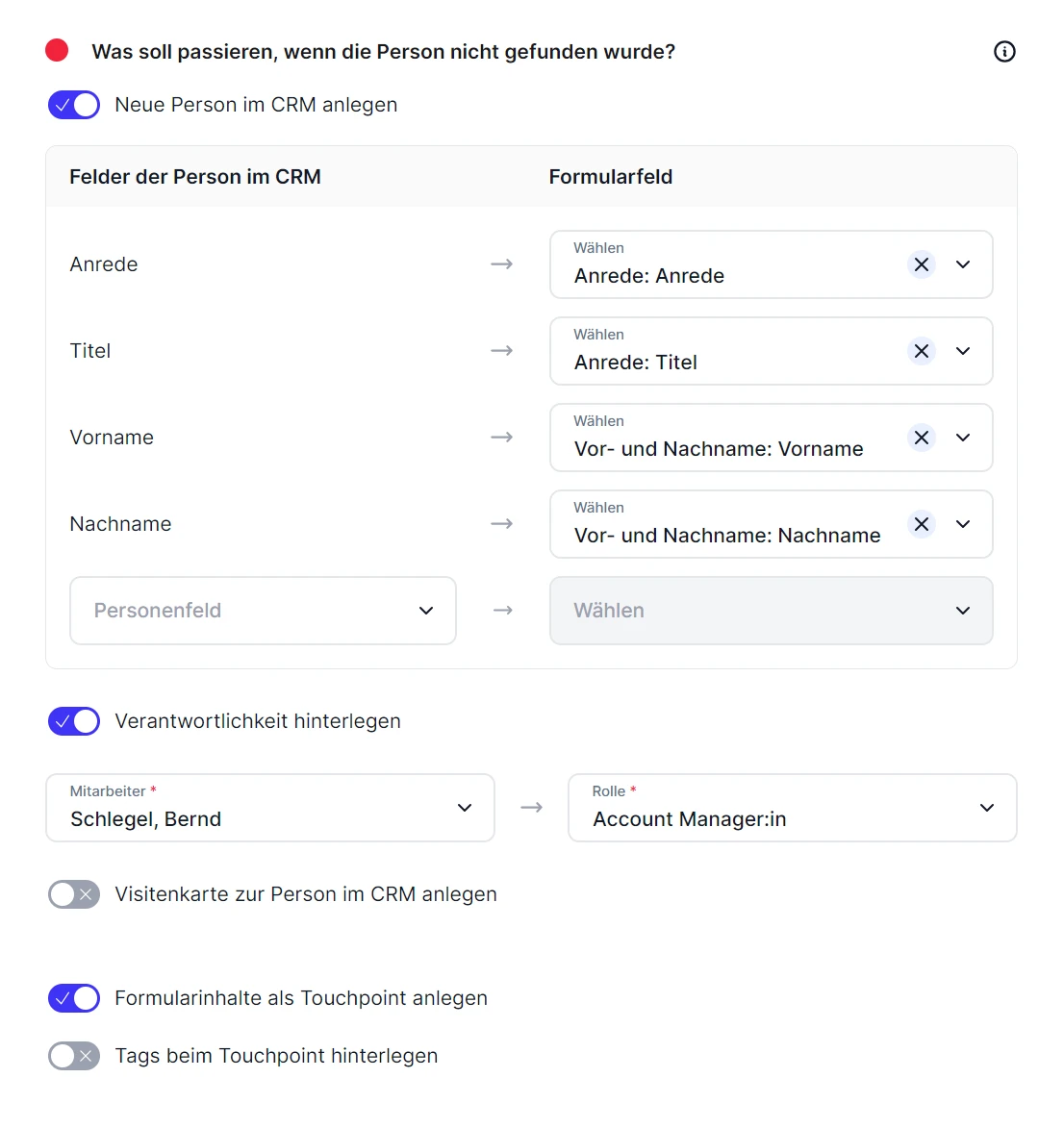 Forms Aktionen Daten Person CRM Cloud E-Mail nicht gefunden