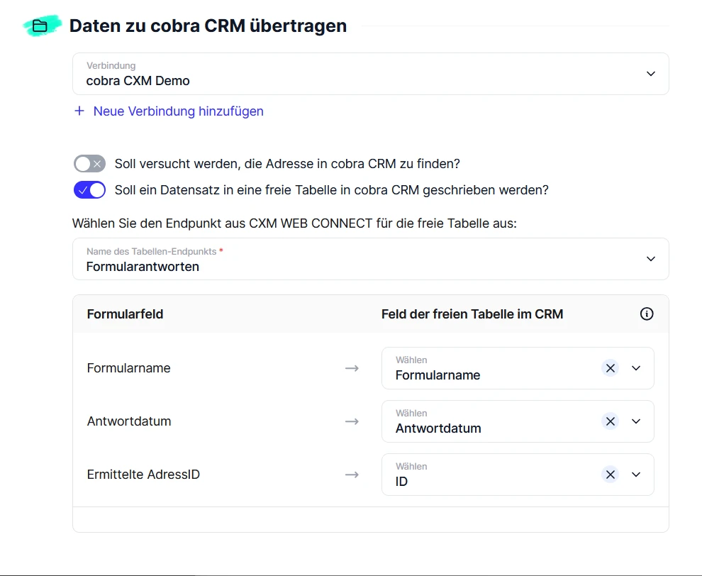 Forms Aktionen Daten freie Tabelle