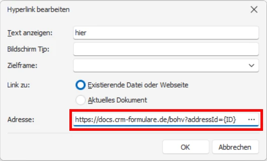 cobra Forms CRM Serien-E-Mail Hyperlink einfuegen angepasst