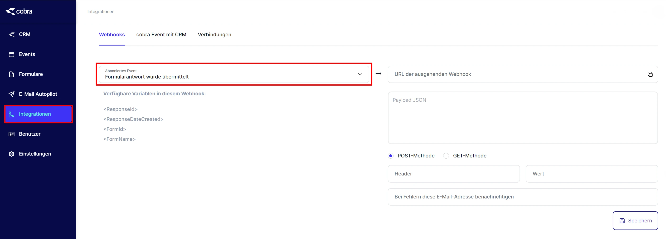 cobra Forms CRM Webhook Formularantwort einrichten