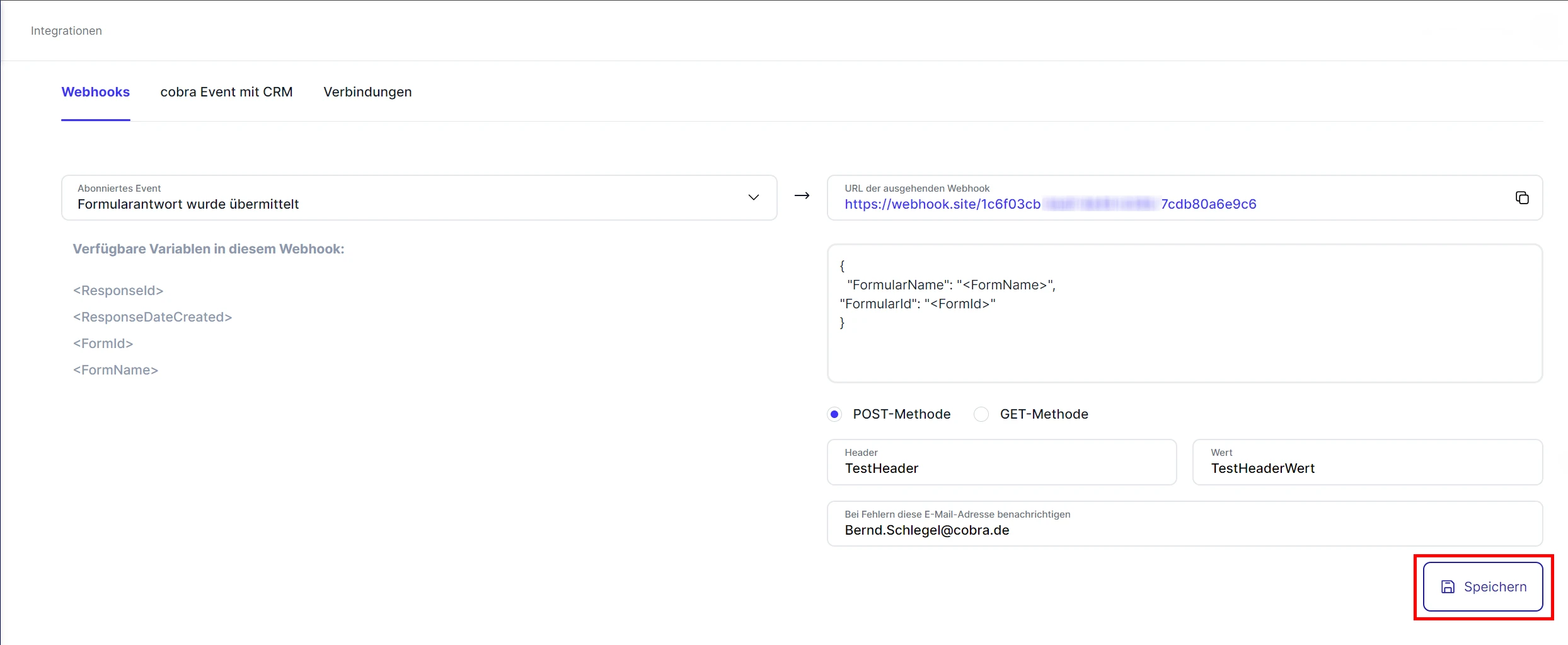 cobra Forms CRM Webhook Formularantwort einrichten Beispiel